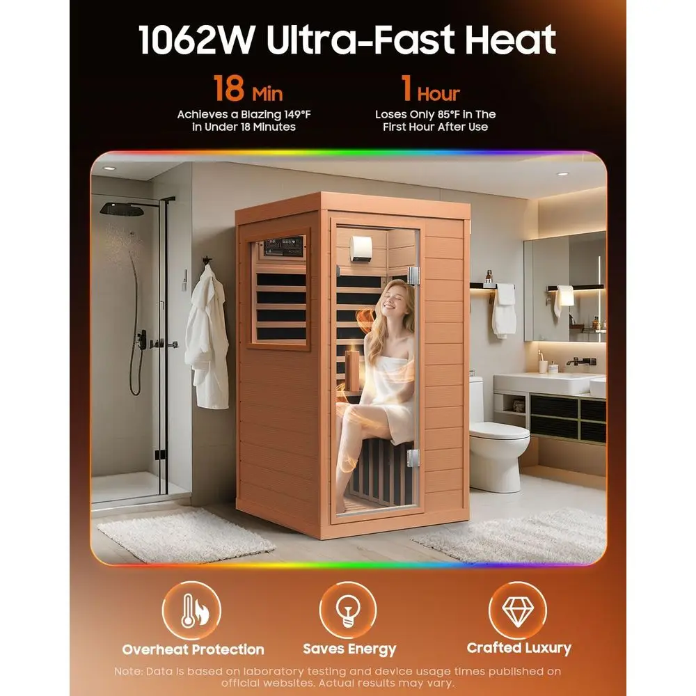 

1-Person Hemlock Infrared Dry Sauna with Backrest, 1062W Low EMF Heating, 5 Carbon Heaters, Bluetooth & Speakers (Red)