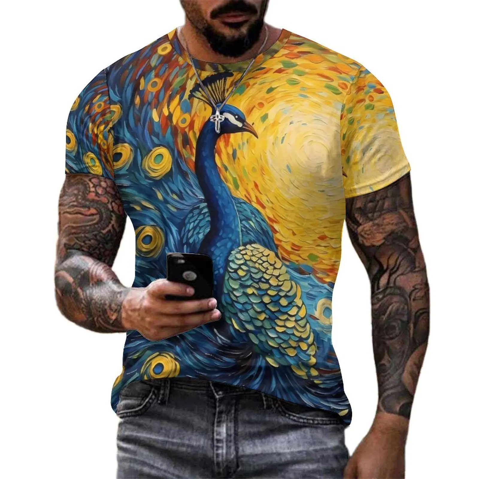 Summer T-Shirt Fantasy Painting About Peacock T-Shirts  Classic Trendy Tee Shirt For Mens Short Sleeves Printed Oversize Tops