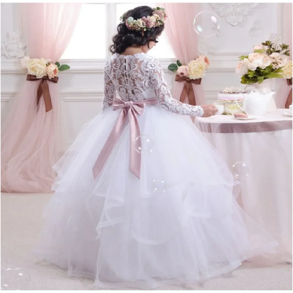 Abiti da ragazza di fiore in pizzo bianco Fiocco di pizzo soffice per abiti da ballo in tulle a maniche lunghe da sposa Spettacolo di prima comunione per ragazza