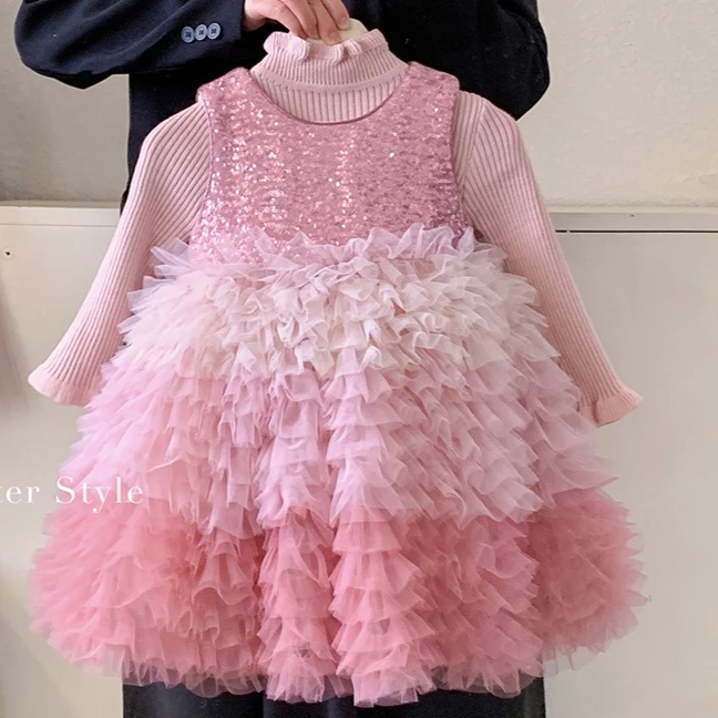 

Костюм для девочек, весна-осень 2023, новая детская одежда, милая вязаная куртка для маленьких девочек, бархатное платье без рукавов, два комплекта