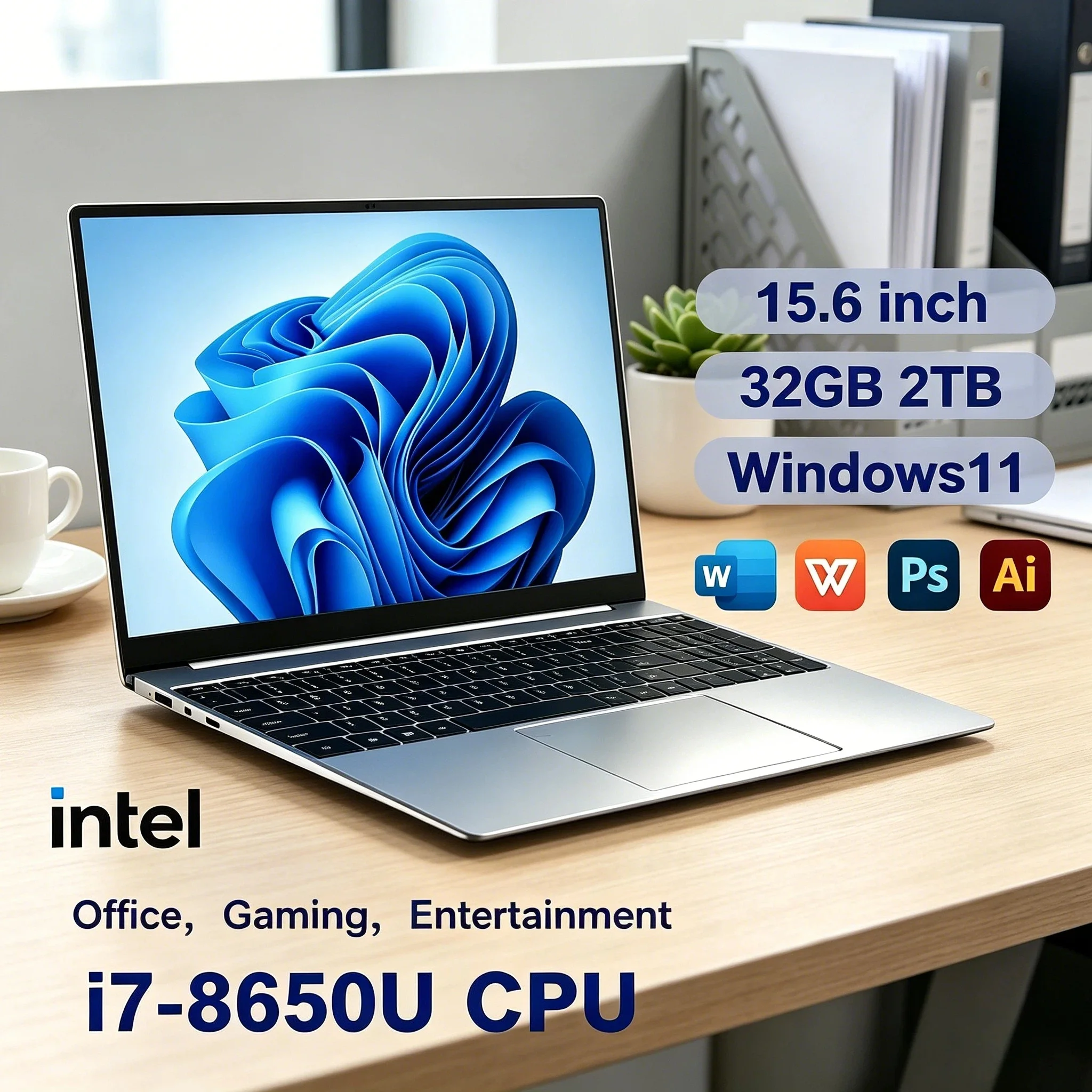 Portátil Intel i7 8650U de 15.6 Pulgadas, Windows 11 2026, Notebook para Juegos, 32GB DDR4, 1TB/2TB SSD, 1920x1080, PC para Oficina y Estudio, Pro Max