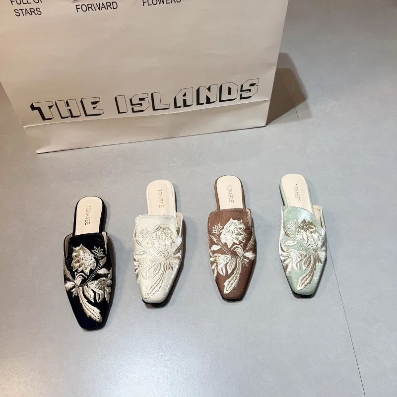 Women's Half Slippers Fashion Chinese-style Embroidered Baotou Half Slippers Summer Women Muller Slipper Casual Flat Half Slides