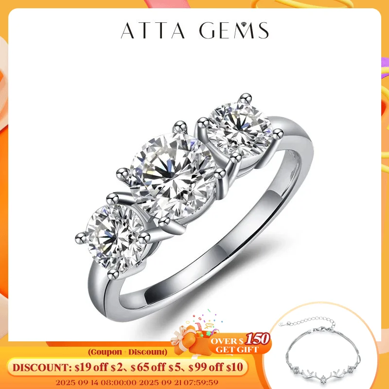 

ATTAGEMS 2.0ct D Color Round 18K White Gold Plated 925 Silver Moissanite Ring For Women Diamond Test Passed Woman Girl Gift