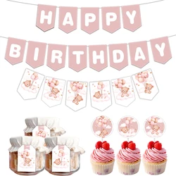 1 SET Cartoon Beer Serie Verjaardagsfeestje Decor Roze Blauw Papier Banner Cake Topper Sticker Tag Voor Baby Douche Thuis DIY levert