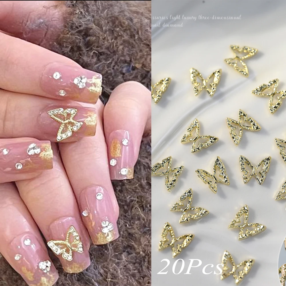 20Pcs Alloy Hollow Butterfly 3D Nail Charms 6/7/8mm Gold Silver Metal Butterfly Nail Art Decor DIY Luxury Butterfly Nail Parts