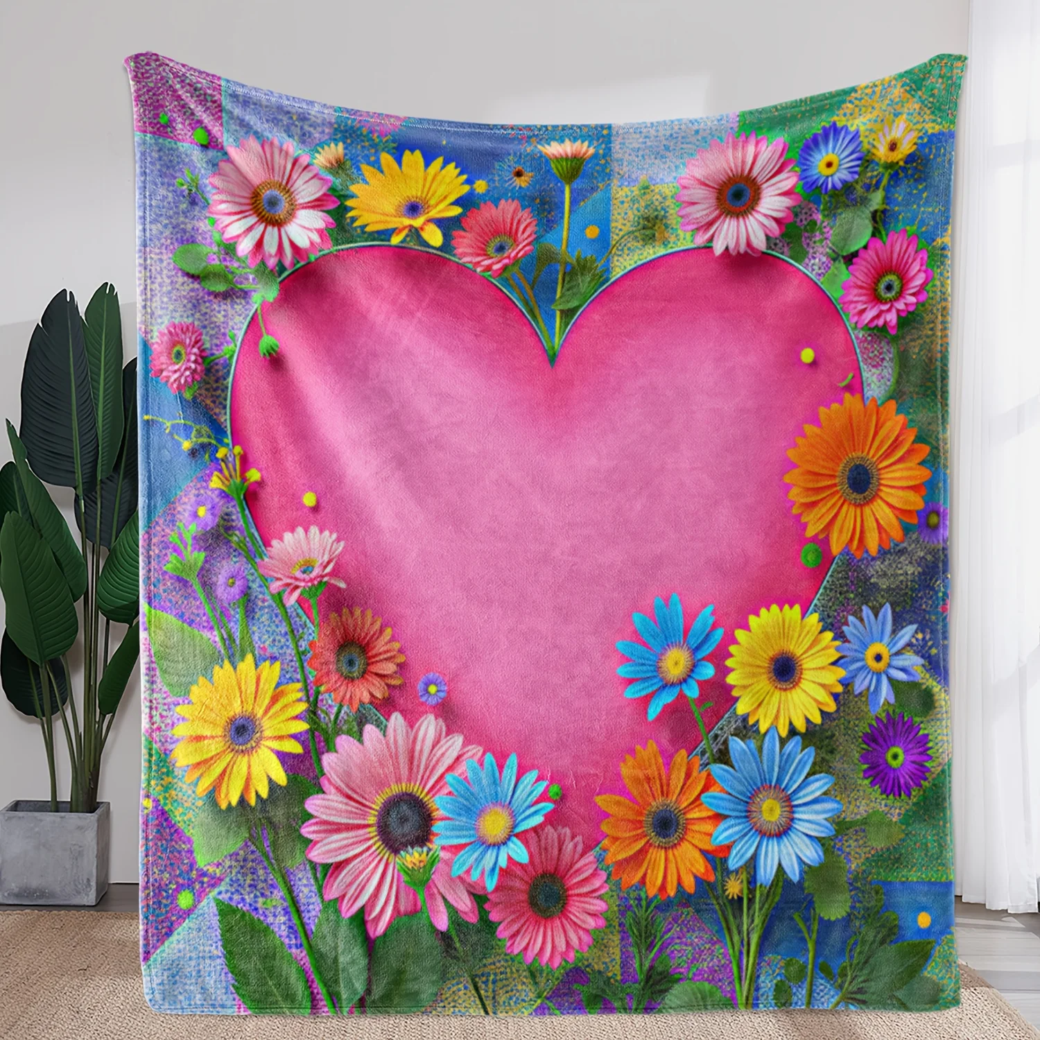 1pc Sdoo Vintage Floral Heart Print Flannel Blanket - Soft Warm All-Season Throw with Multicolor Flowers, 50x60 Inches for Sofa