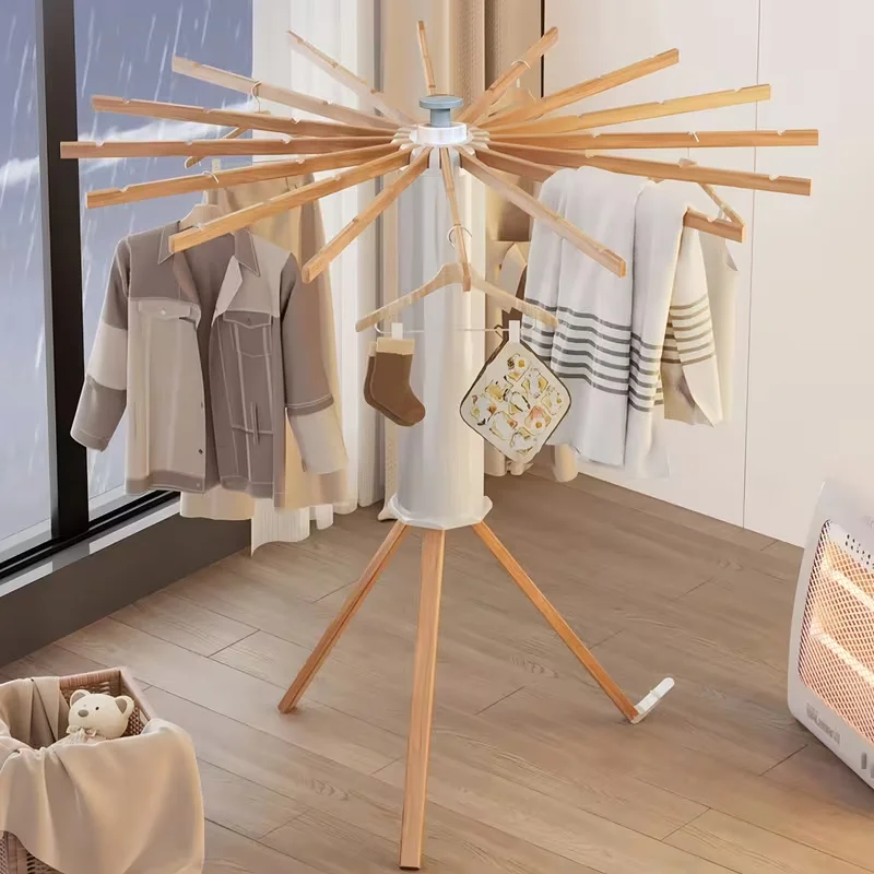 Large Capacity Foldable Octopus Clothes Drying Rack with Wood - Heavy-Duty Portable 8-Arm Rotating Laundry Dryer, Space-Saving
