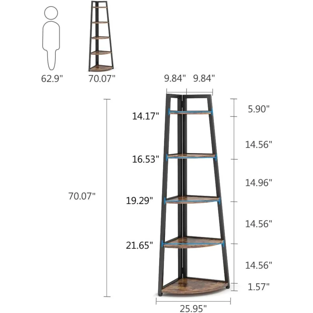 70 inch Tall Corner Shelf, 5 Tier Rustic Corner Bookshelf Bookcase Industrial Corner Ladder Shelf Plant Stand for Living Room,