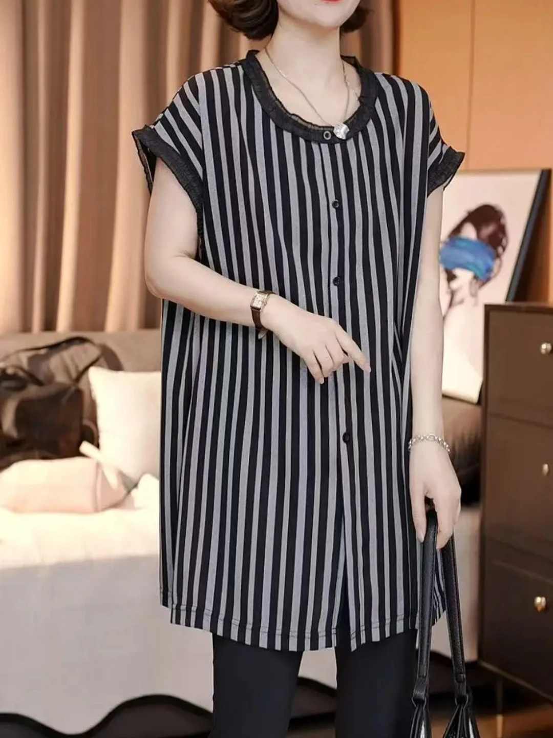 Nouveau haut d'été pour femme, coupe ample, en jersey léger et frais, avec dentelle et rayures, style Dr Speech Sle