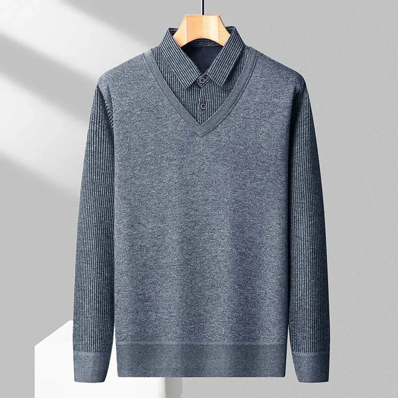 Cold Weather Mens Knit Pullover Fake Vest Structure Soft Fabric Fleece Lined Striped Long Sleeve Business Casual Inner Wear Top