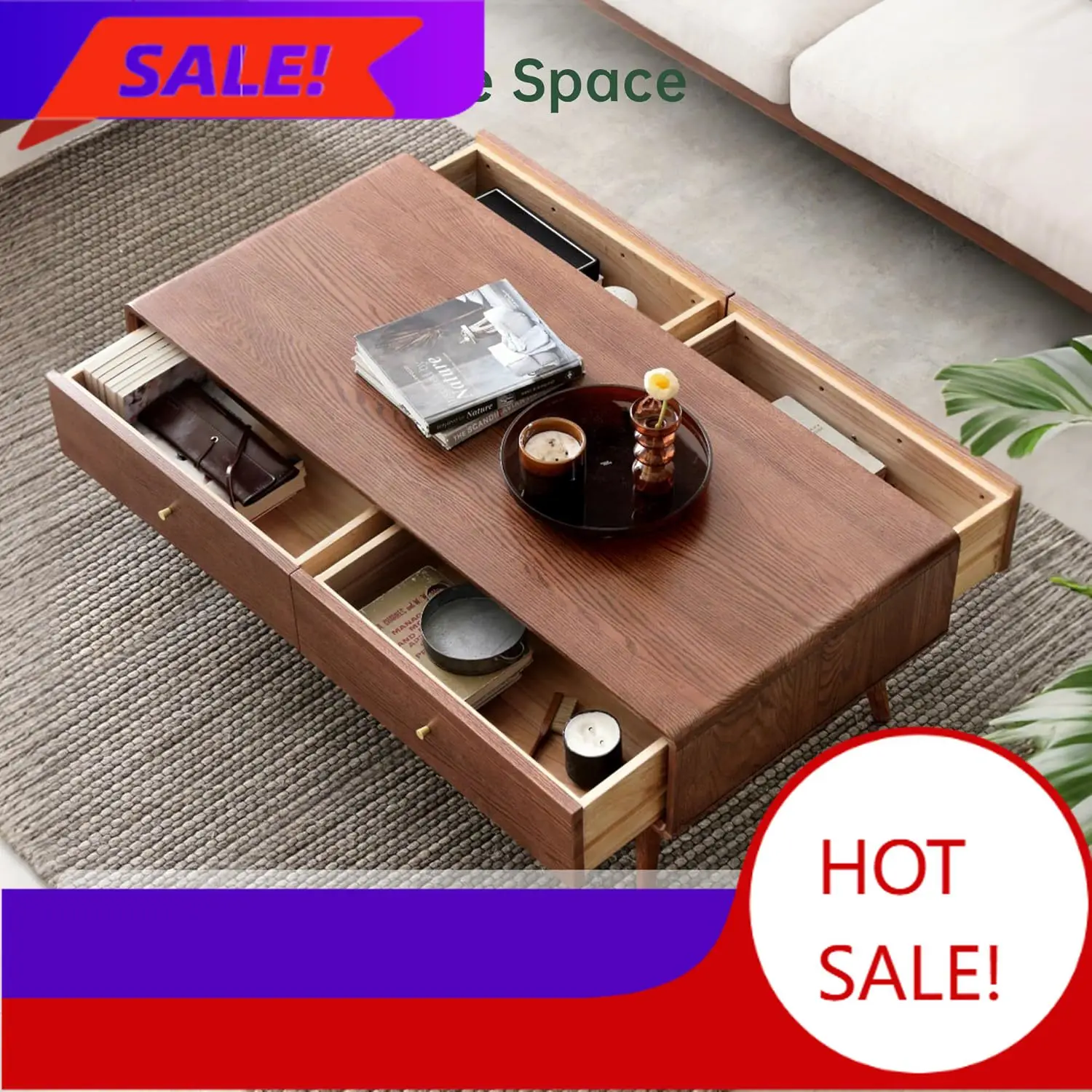 

47.24" Solid Wood Coffee Table with Large Storage for Living Room, Oak Coffee Table with 4 Drawers, Mid-Century Modern Coffee Ta