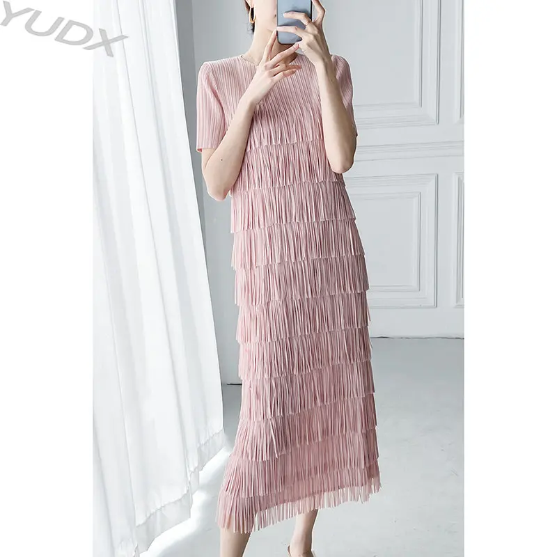 

YUDX 2023 Miyake Pleated Summer New Spirited Tassel Edge Fashion Formal Occasion Dress Round Neck Loose Thin Women's Dresses