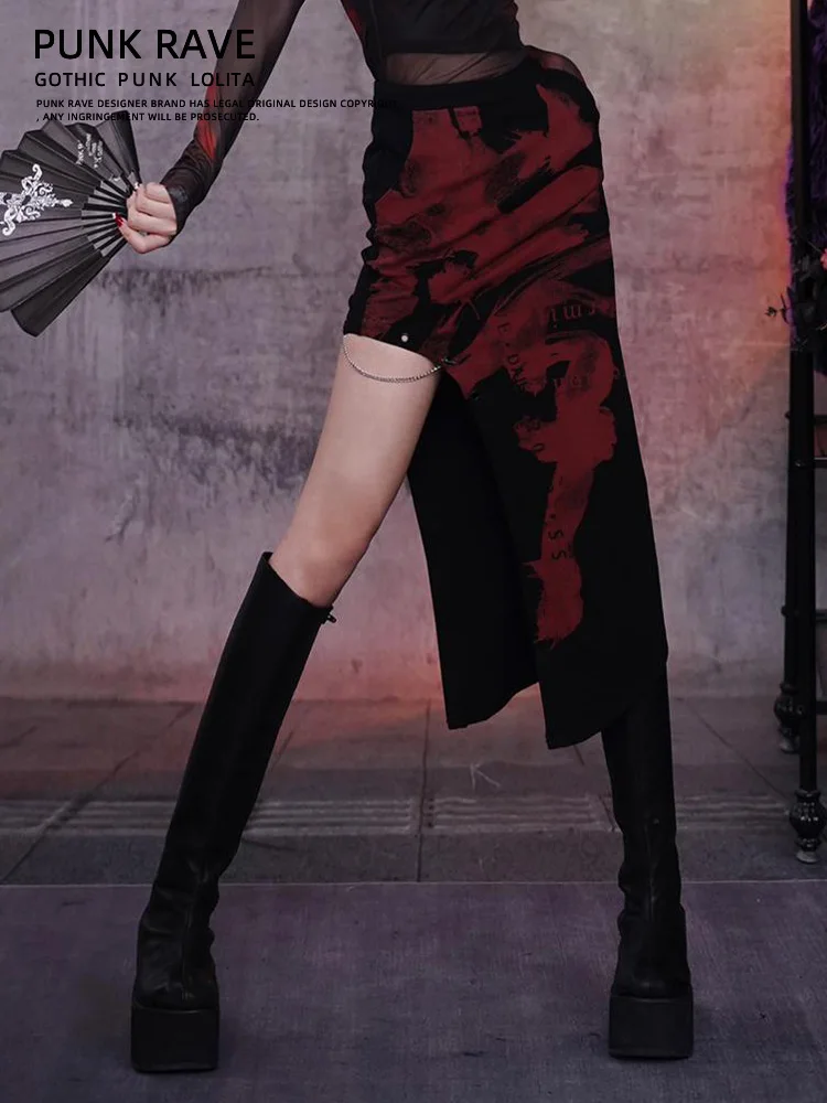 Black Asymmetrical High Waist Midi Skirt for Women PUNK RAVE Brand Vintage Style Mid-Length A-Line Step-In Skirt