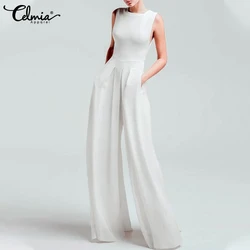 Celmia Elegant Slim Wide Leg Pants Overalls 2023 Fashion Pleated Casual Pockets Long Rompers Women Summer Sleeveless Jumpsuits