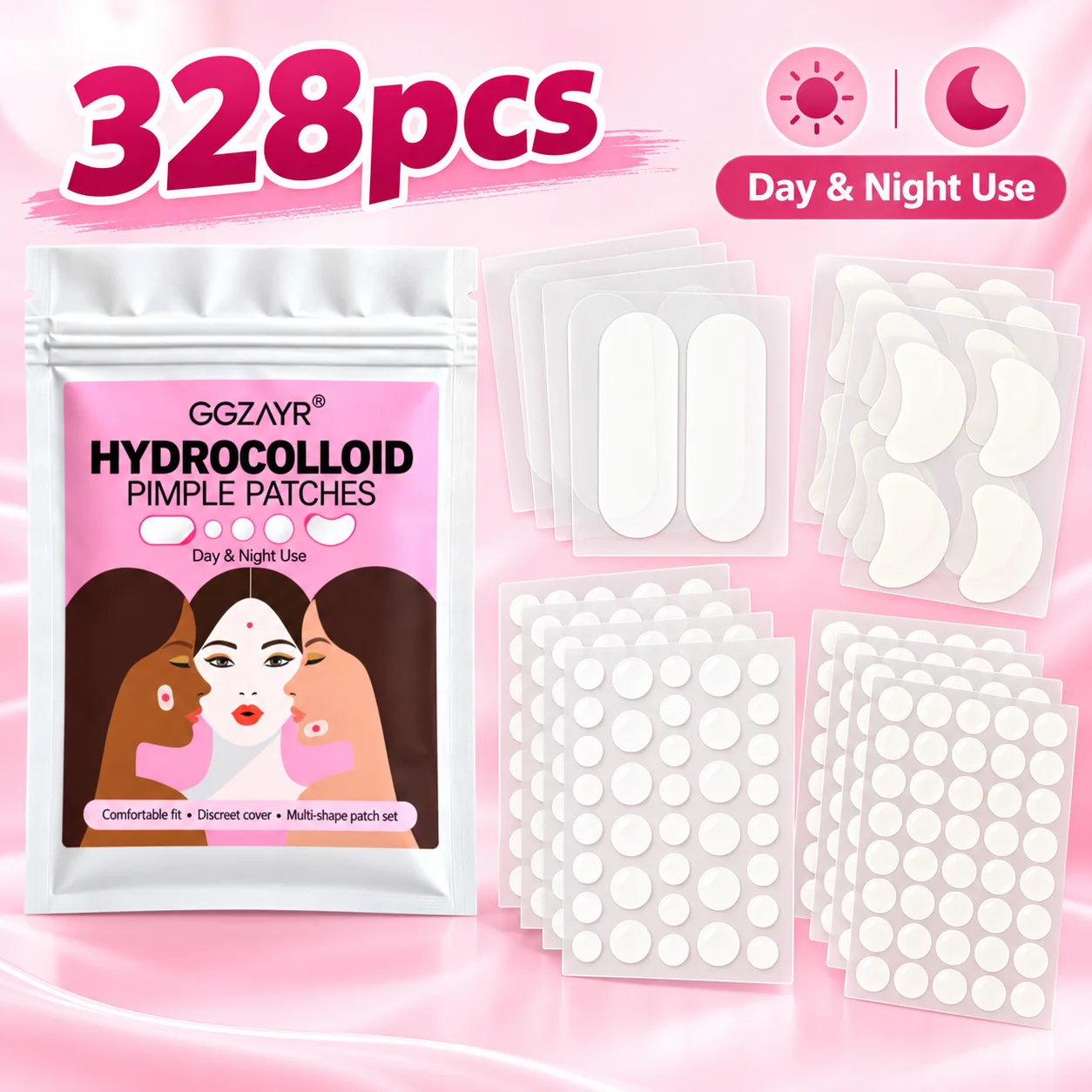 328PCS Hydrocolloid Pimple Patches, Multi Shape Spot Cover Stickers, Round Heart Oval Patch Set for Daily Skin Care