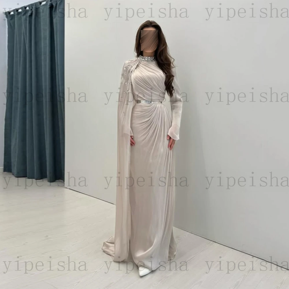 Personalizado alta pescoço saudita vestidos de noite cristal miçangas manga cheia plissado drapeado organza vestido de baile longo vestido de festa reto