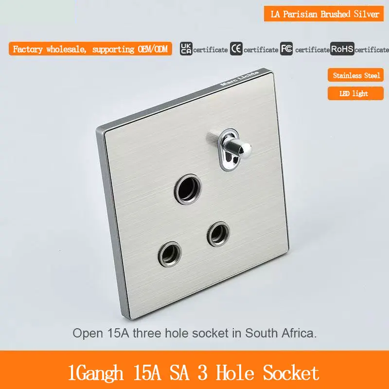 Large South African Three-Hole Socket Toggle Lever1 Gang Switch 15A Stainless Steel Silver LED Light with 3 round Plugs