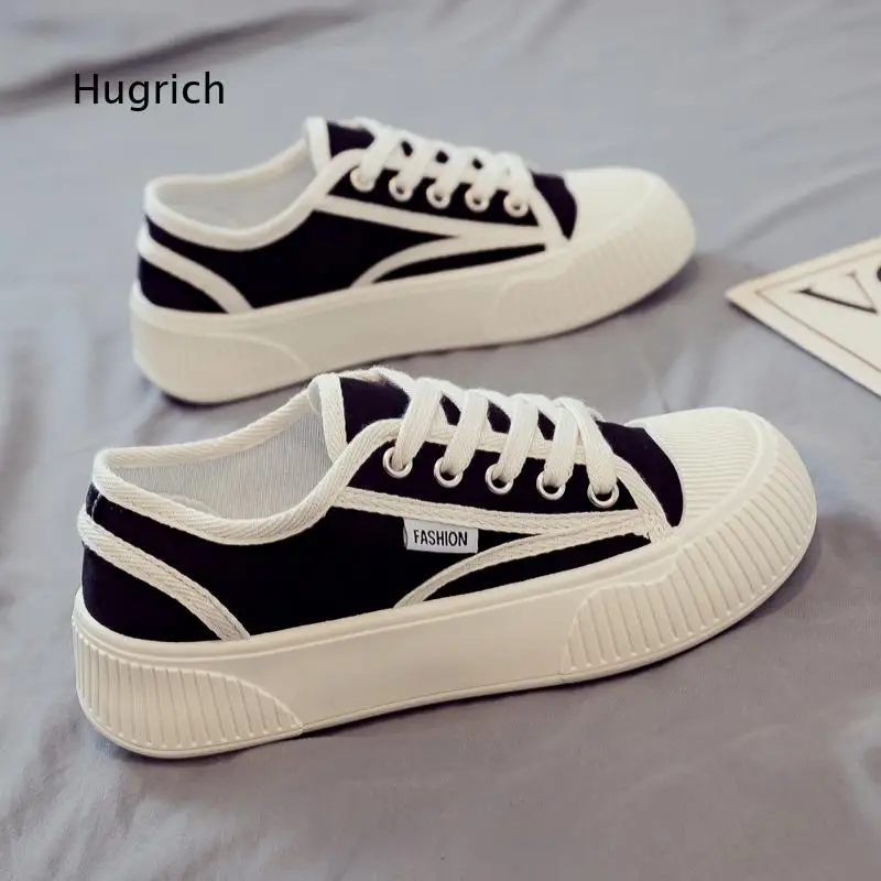 Lace Up Platform Canvas Sneakers For Women Contrast Color Upper Label Decor Thick Sole Walking Footwear