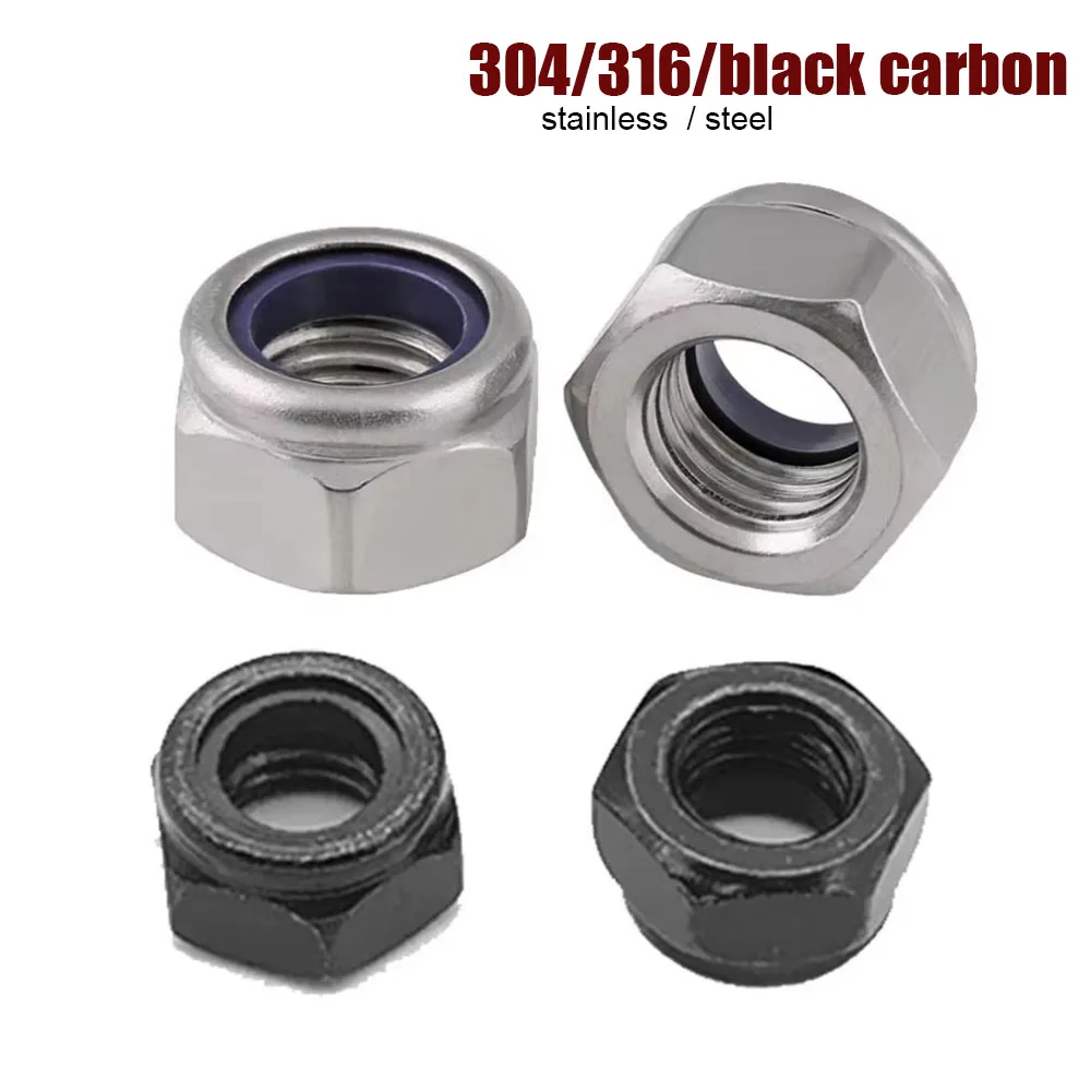 2/50 Stück M2 M2,5 M3 M4 bis M16 DIN985 304/316 Edelstahl schwarzer Kohlenstoffstahl Sechskant-Nylon-Einsatz Sicherungsmutter selbstsichernde Nylock-Sicherungsmutter