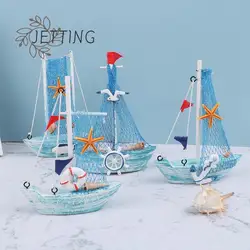 1PC 15CM Ornaments Party Home Decoration New Mediterranean Style Marine Nautical Wooden Blue Sailing Boat Ship Wood Crafts