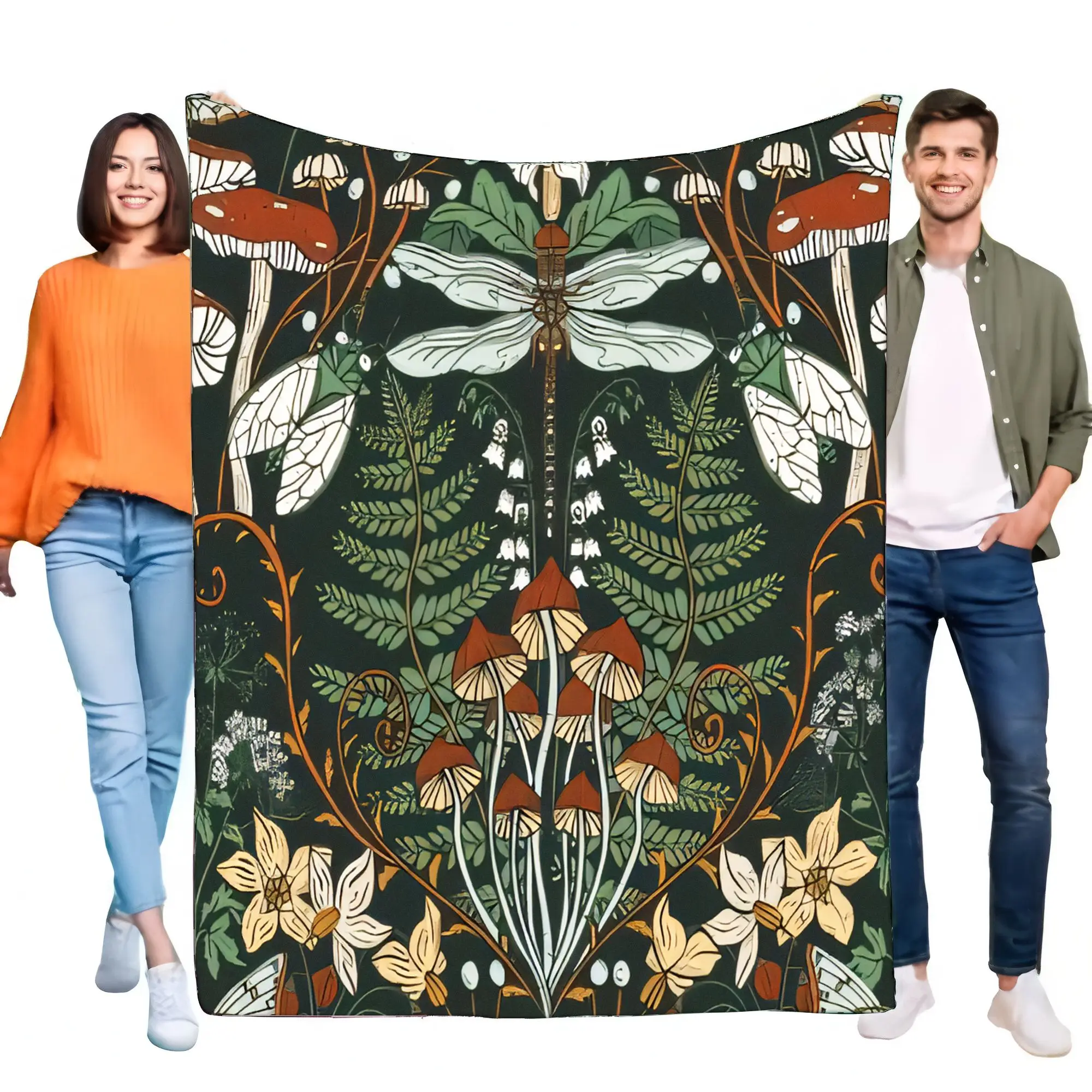 Art Nouveau Dragonfly Mushroom Blanket - Soft Cozy Botanical Forest Throw for Bed Sofa Couch Wall Decor Aesthetic Home Gift