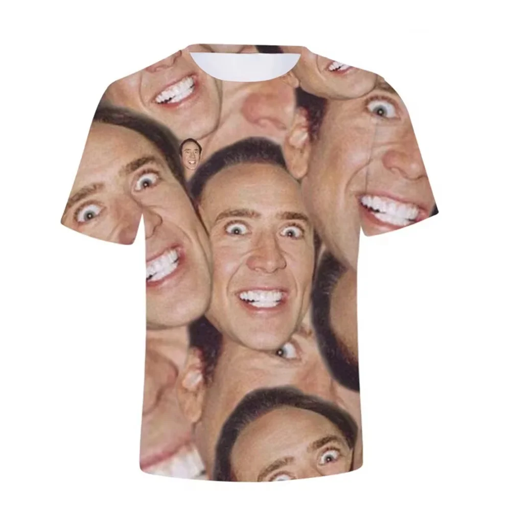 22026 New Men  Fun Nicolas Cage Face Print T-Shirt 3D Humorous Graphic Breathable Quick-Drying, Street Athletic Top Summer Autum