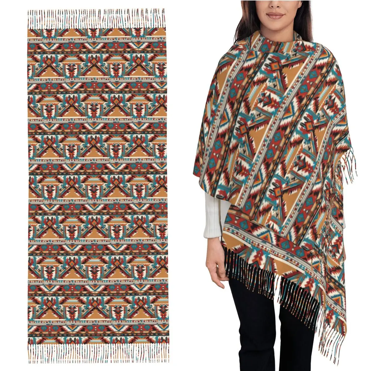 

Navajo шарф с акварельным узором, шарфы с кисточками, женские мягкие теплые шали и накидки, длинная осенне-зимняя шаль