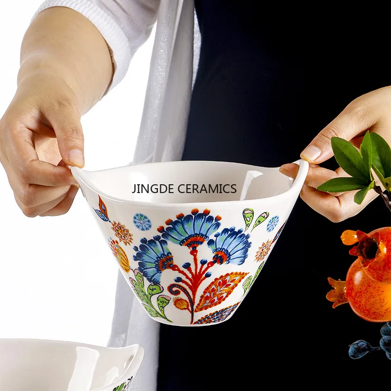 

1 шт. окрашенная керамическая чаша, керамическая чаша с двойным ухом, миски с двойными ушками для фруктов/салата/ламина с лапшой, кухонная утварь для ресторана