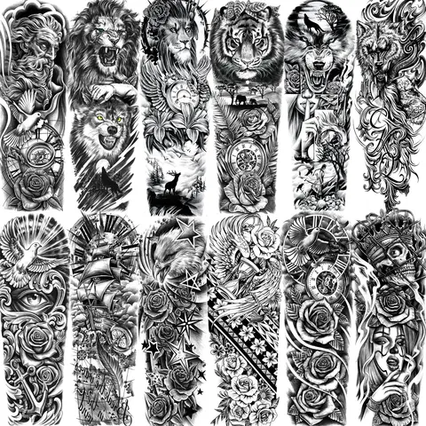 1 Sheets Wolf Lion Tiger Maori Temporary Tattoos For Men Women Adults Full Sleeve Arm Flower Rose Skull Tattoo Sticker Decor