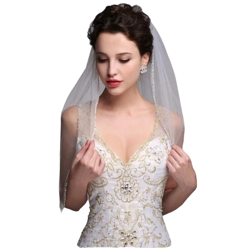 

Elegance Short Wedding Veil with Beaded Edge and Fingertip Length for the Perfect Touch