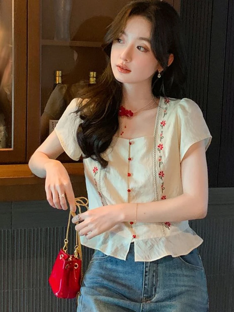 Fashion Vintage Blouses Squard Collar Short Sleeve Flower Embroidery Ruffles Shirts Summer Crop Tops All Match Women Clothing