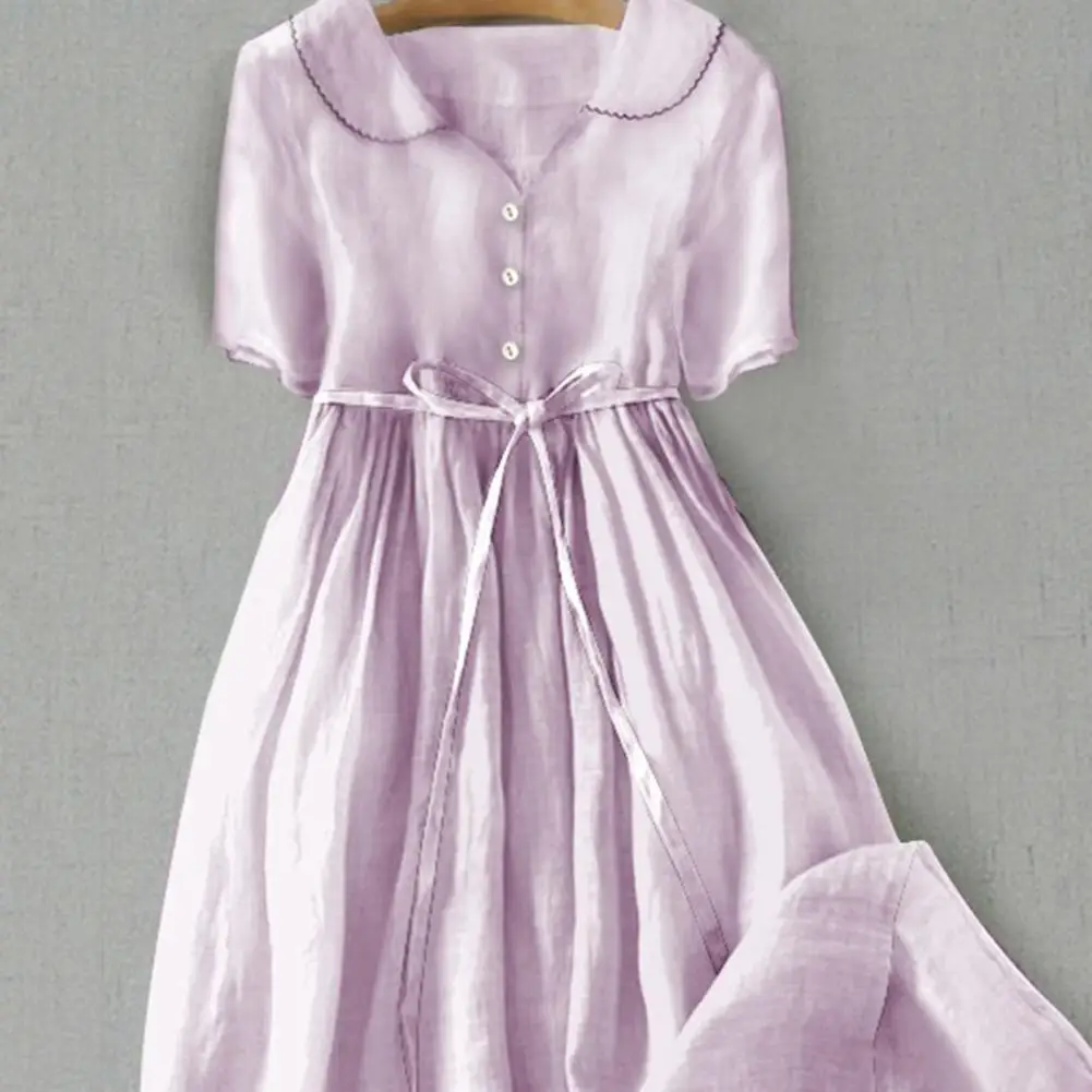 Women Spring Dress Floral Print Mid Sleeve Lapel V Neck Lace-up High Waist A-line Half Single-breasted Bohemian Midi Dress