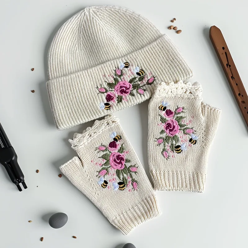 عبر الحدود الأكثر مبيعا الخريف/الشتاء السيدات الجديدة قفازات محبوكة وقبعة مجموعة مع الصوف الدافئ المطرزة النحل والزهور الصغيرة