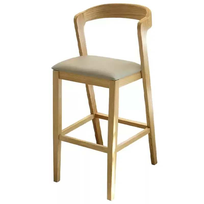 Nordic Solid Wood Bar Stool with Leather Backrest and Armrests High Chair for Home Kitchen Counter Modern Log Design