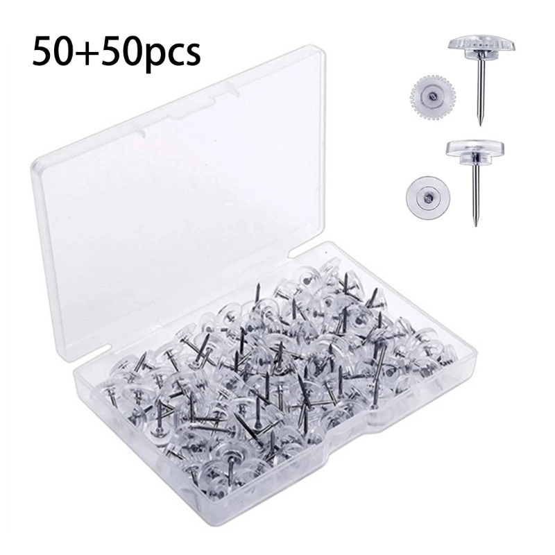 J6PA 50/100/150Pcs Gear-shape Push Pin Flat Head Map Pin Clear Pushpin for Cork Board