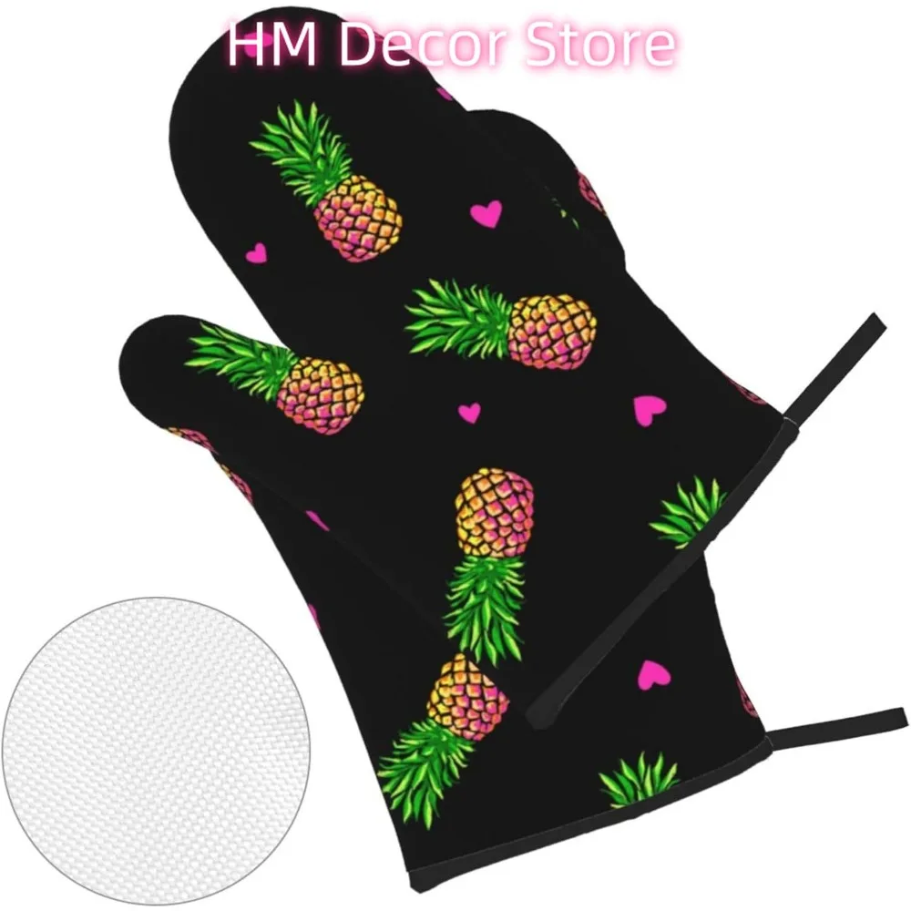 Pineapples and Hearts Oven Mitts and Pot Holders Sets of 4, Cooking Gloves Non-Slip Heat Resistant Polyester Summer Country Styl