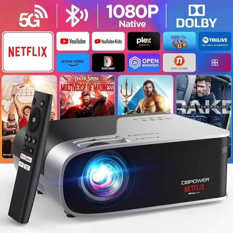 

Projector with 5G WiFi and Bluetooth, DBPOWER Native 1080p Movie Projector, 500ANSI Portable Smart Projector 4K with Dolby Audio