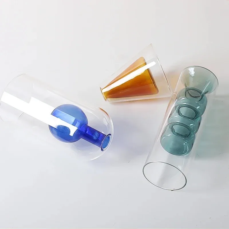 Decorative Double Walled Borosilicate Vase Popular Cylindrical Hydrophilic Transparent Glass Vase