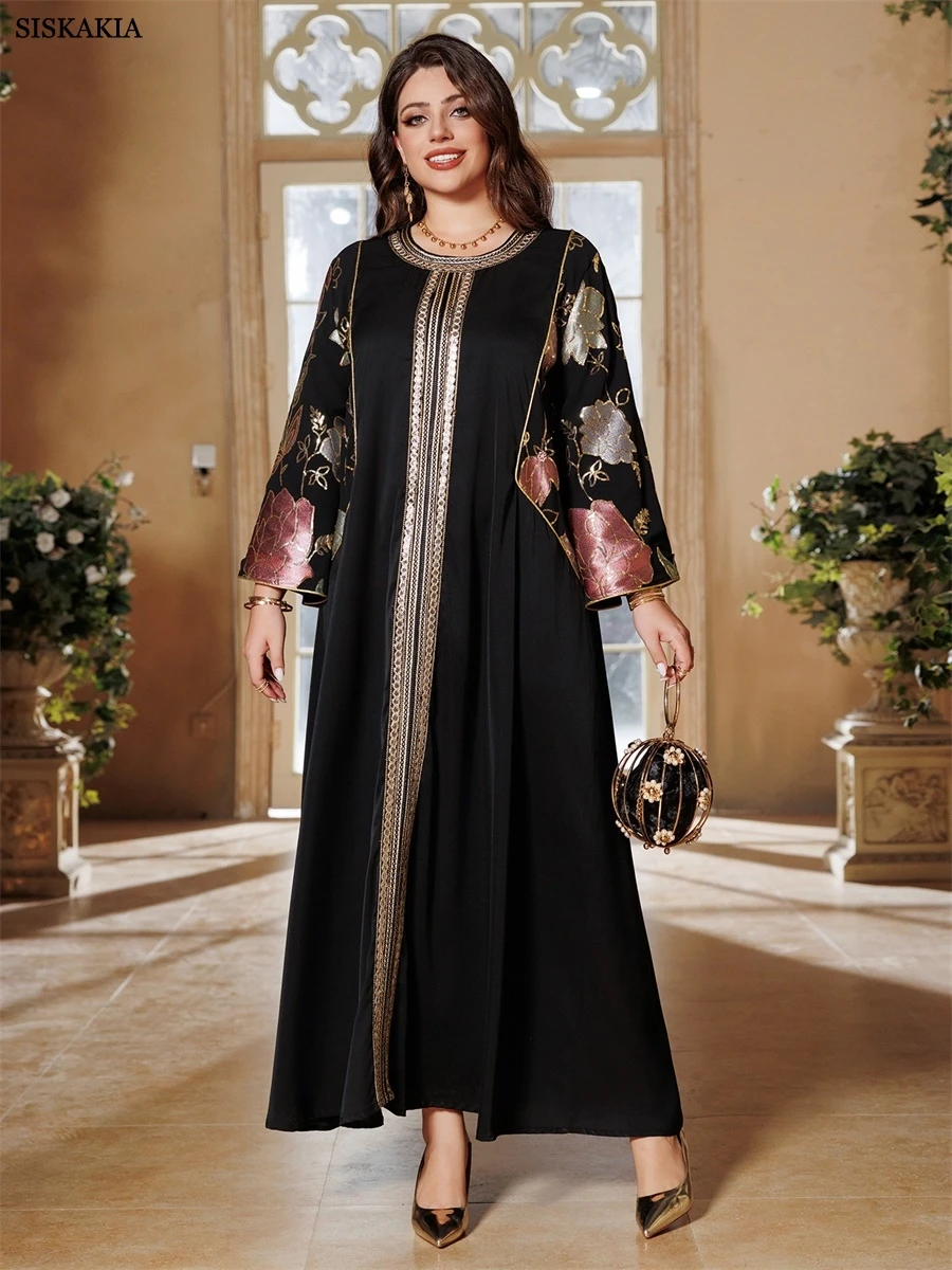 Siskakia Ramadan Muslim Women's Gold Stamping Petal Sleeve Abaya O-Neck Stripe Dubai Dresses For Women Gala