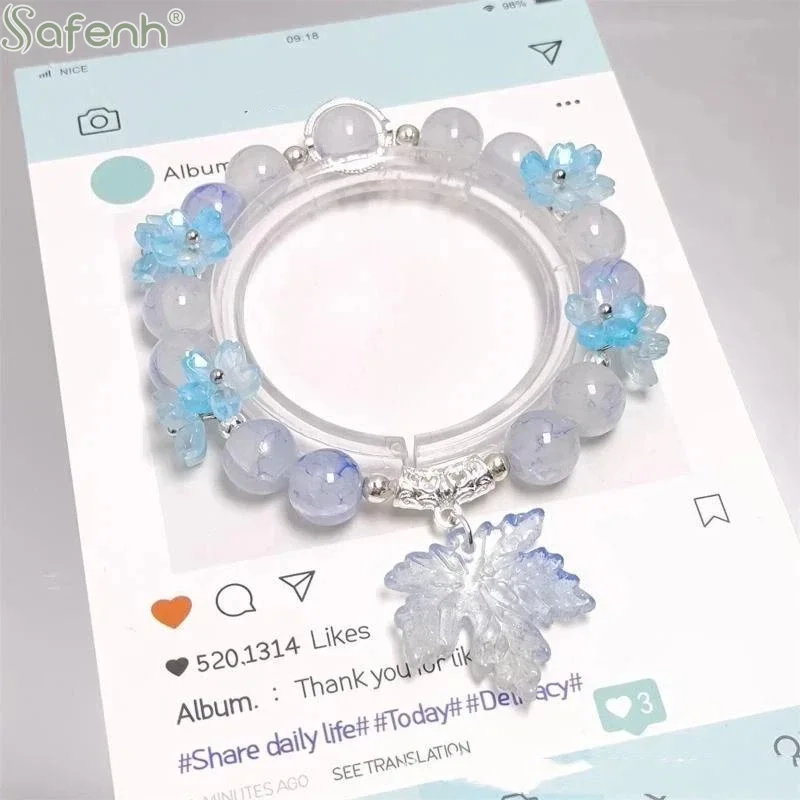 Crystal Beaded Bracelet With Leaf Charm Good Luck Blessing For Daily Wear Graduation Gift