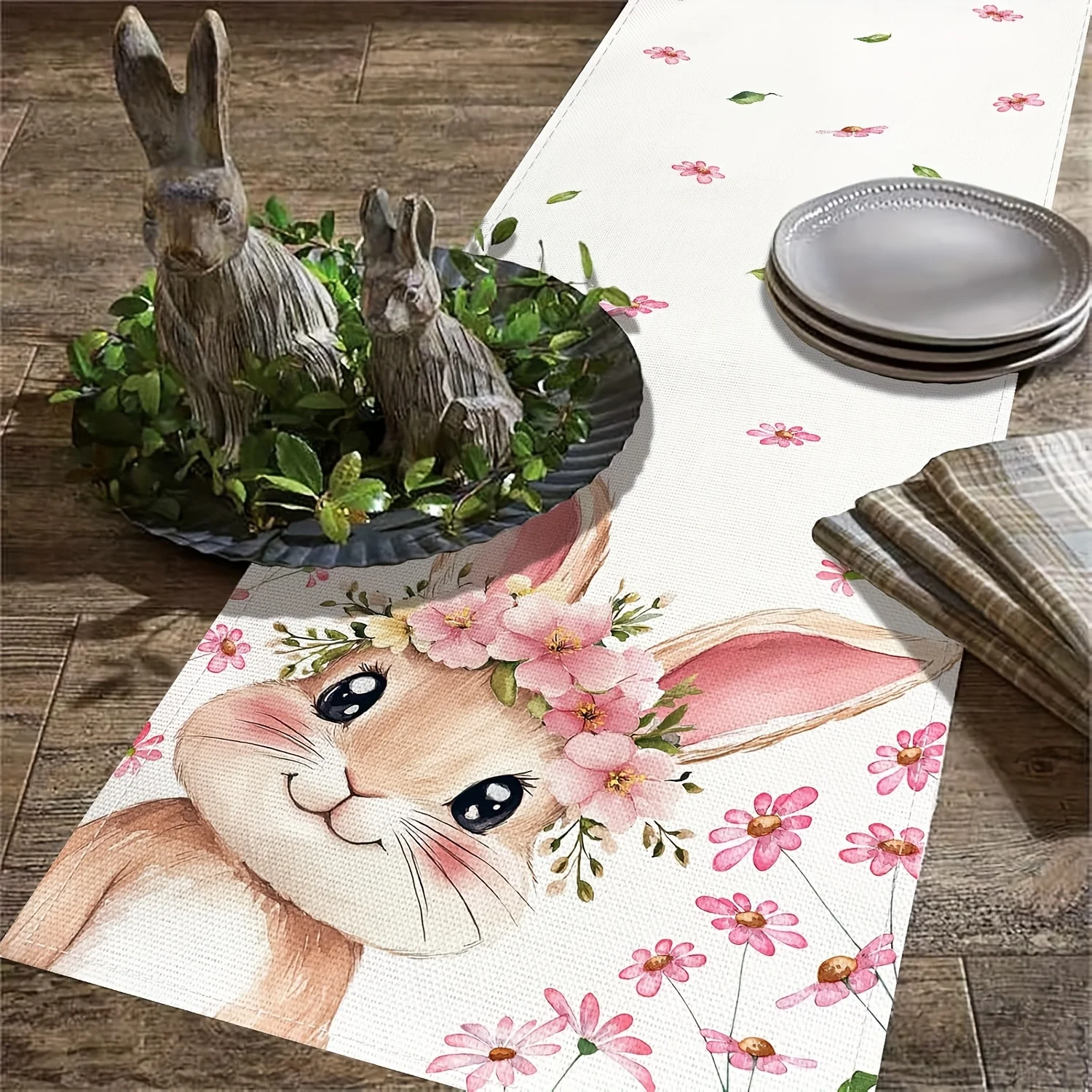Easter Theme Table Runner with Rabbit & Floral Print Home Dining Room Decor