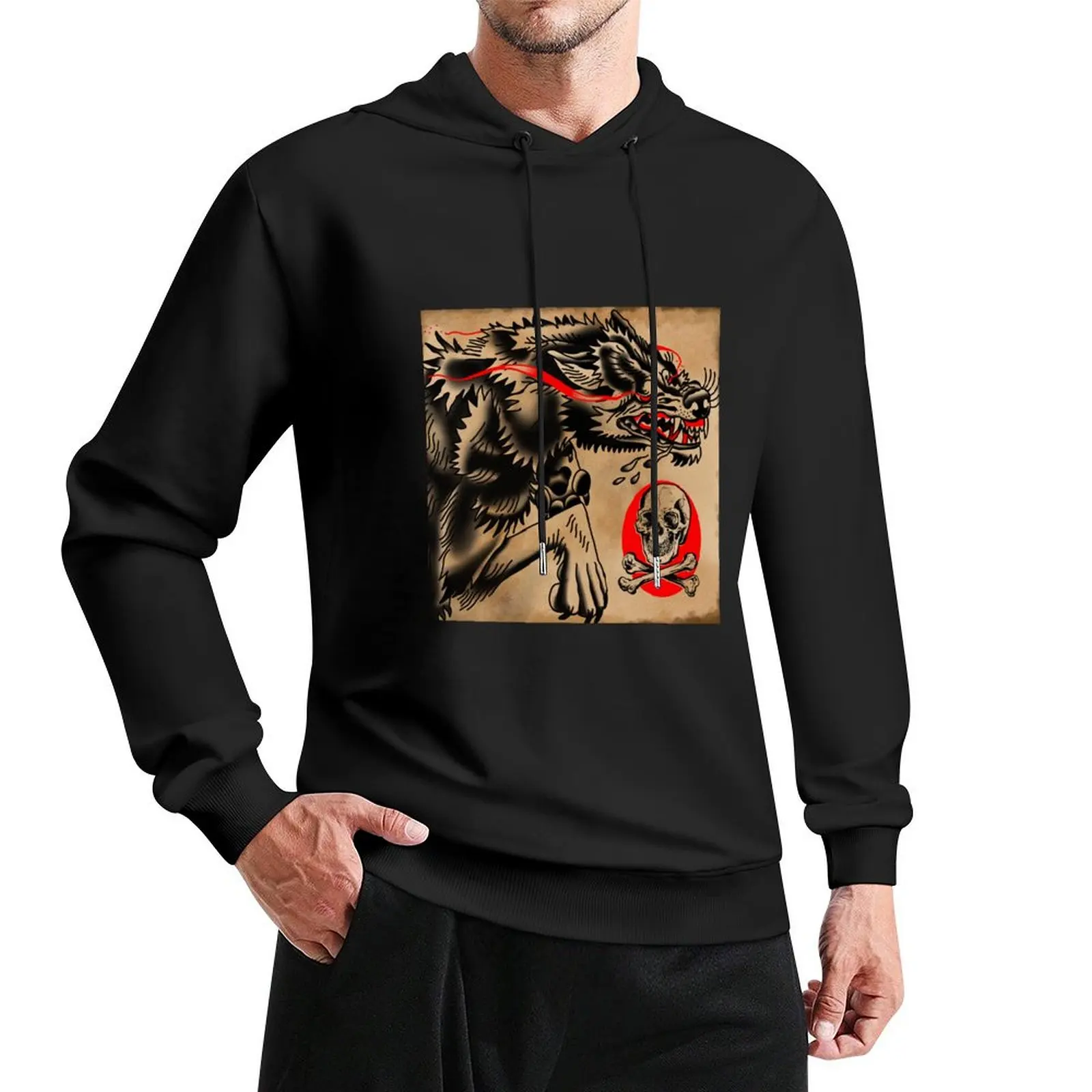 

American Traditional Wolf vs Ink Skull Pullover Hoodie men's coat hoodies and sweatshirts new