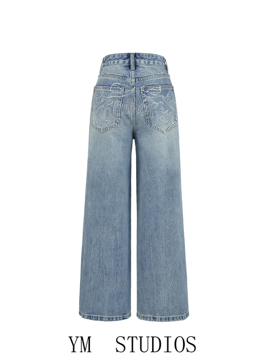 

Women's Straight Leg Denim Jeans Heavy Embellished Rhinestones Mustache Pattern Spring Slimming Wide Leg Pants