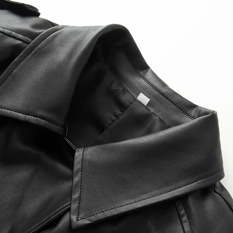 KASLEAD New Women's Fashion High-End Short Length Sleeveless Coat PU Leather Long Sleeve Versatile Miniature Windbreaker