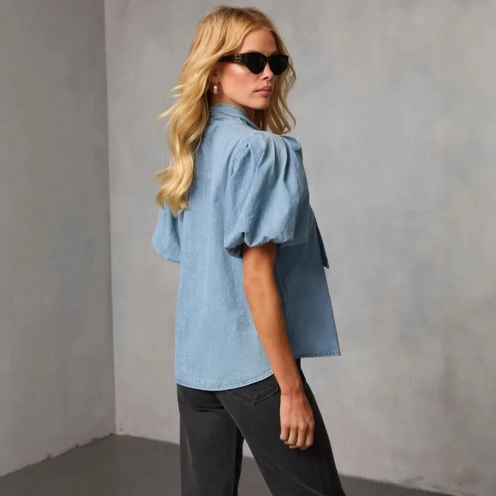 Women Retro Denim Shirt European Style Casual Loose Lantern Sleeve Tie Detail Jean Blouse Ladies Top Chic Daily Streetwear New view 3