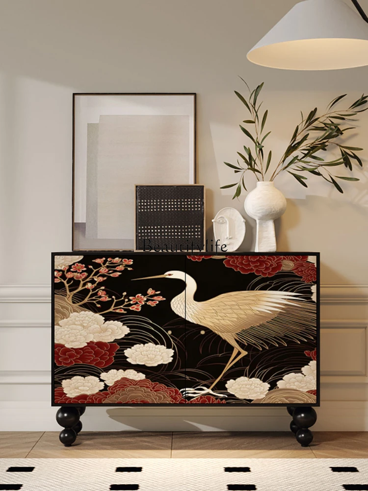 New Chinese Style Solid Wood Art Painted Crane Peony Pattern Printing Custom Hallway Storage Cabinet