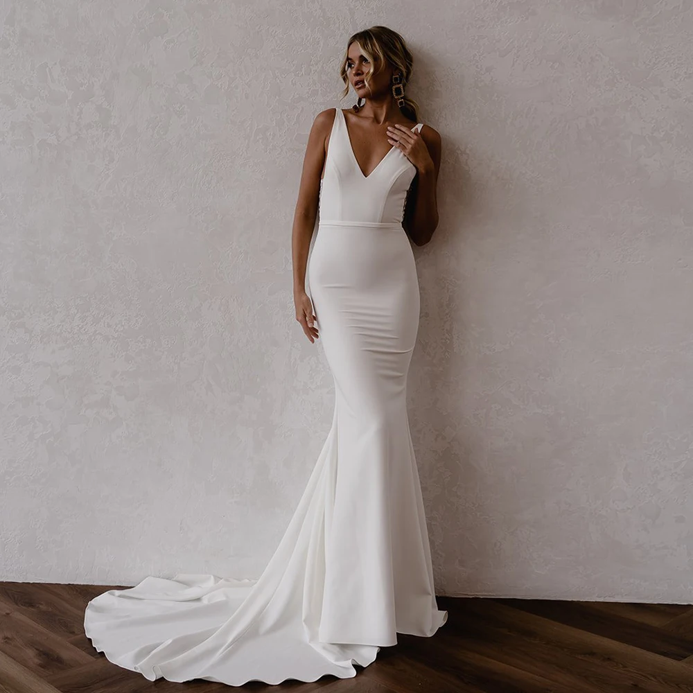 

Elegant Bespoke Occasion Gown White Satin Applique Sheath V-neck Floor Length Dresses Hall Wedding Dress