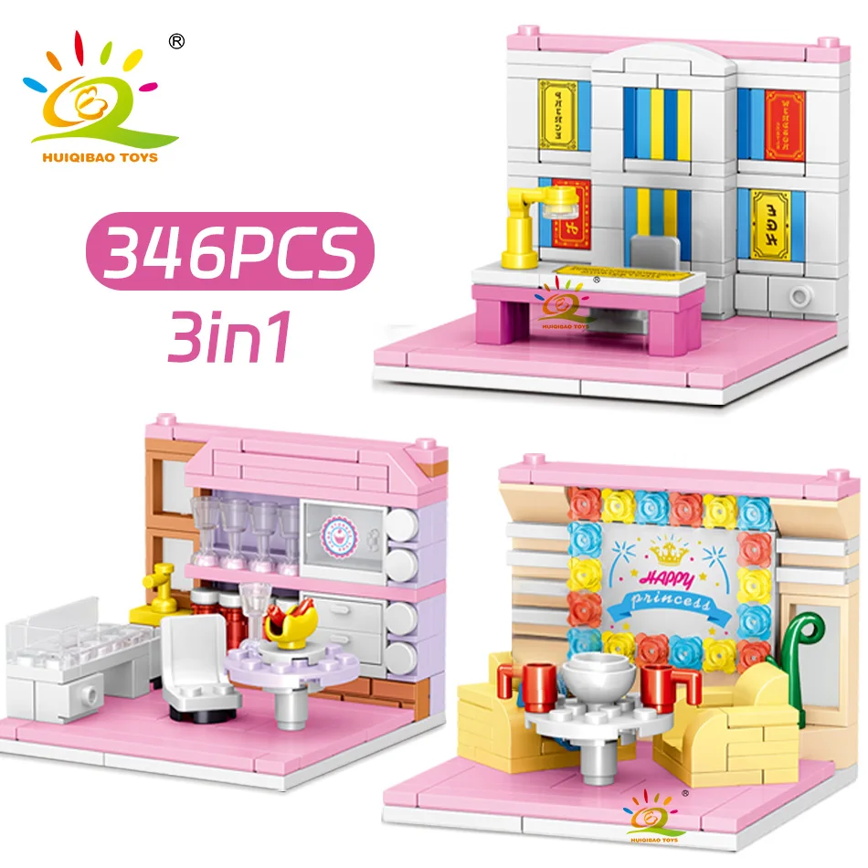 HUIQIBAO Creative Mini Room Girls Bedroom Building Blocks City Friend Play House Set Apartment Model Assemble Bricks Girl Toys