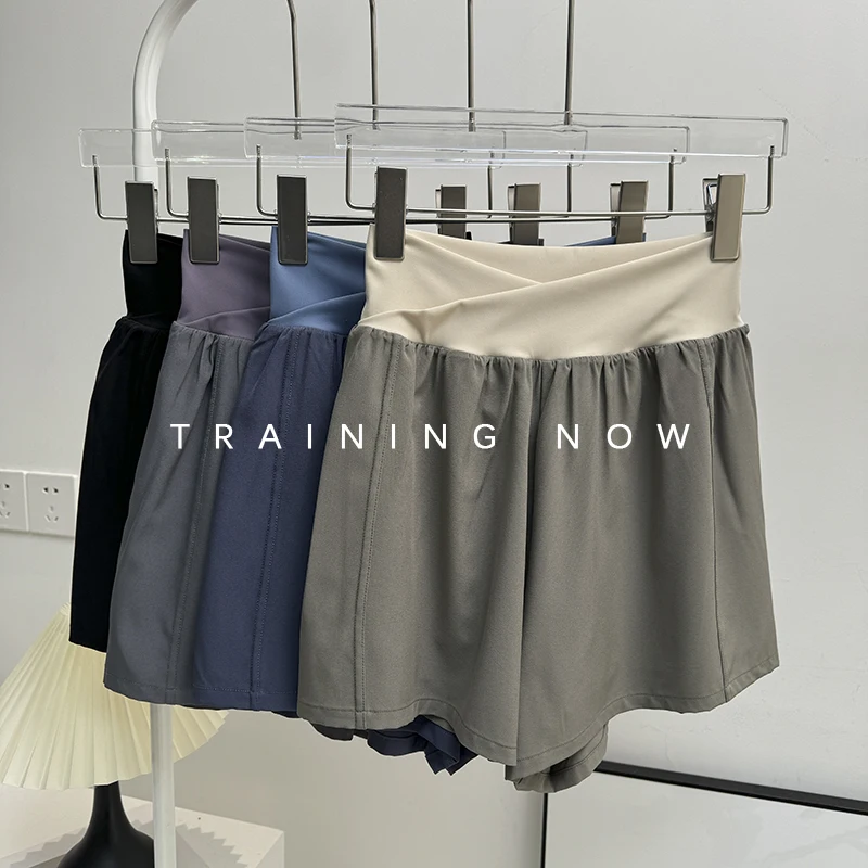 

Женские свободные спортивные шорты, быстросохнущие брюки для бега, фитнеса, антиэкспозиционные брюки с высокой талией для танцев, искусственные двухсекционные штаны для йоги