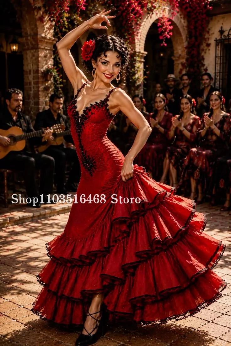 Customized Red Strapless Ball Gown Lace Mermaid Full Skirt Spanish Flamenco Performance Gown Traditional Gypsy Dance Costume